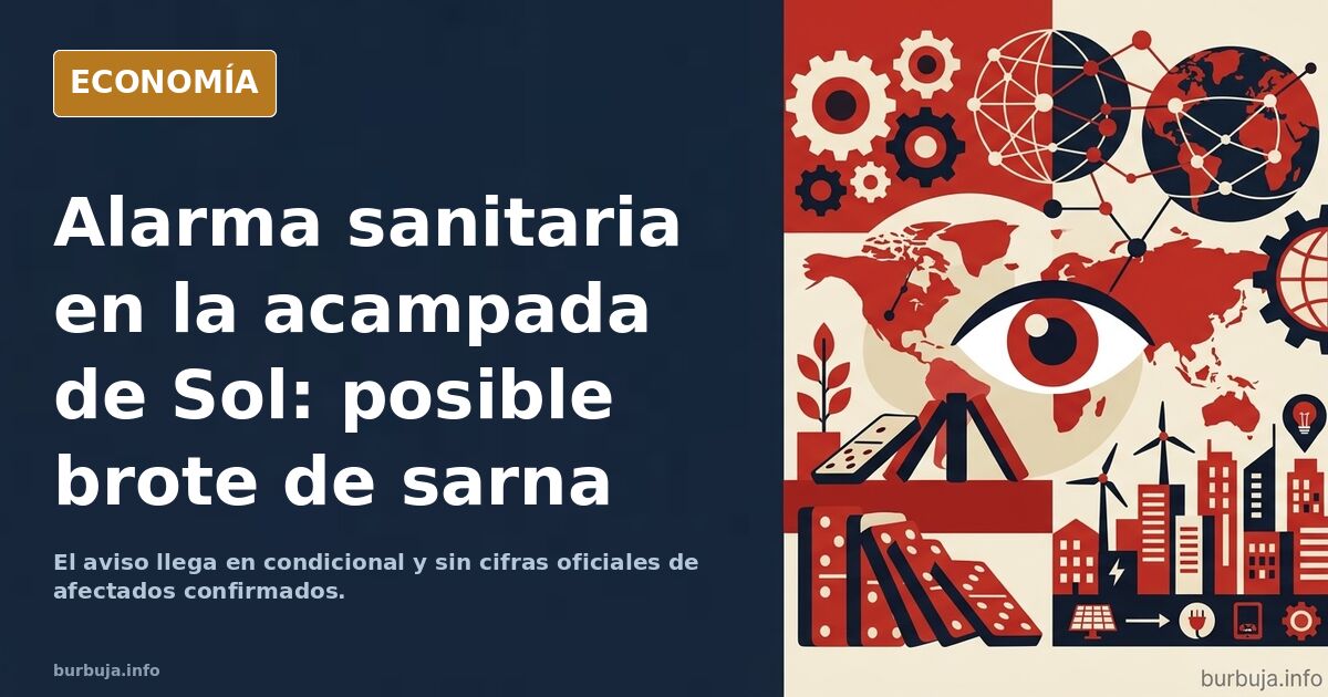Ilustración editorial de una acampada urbana con tiendas de campaña y una lupa sanitaria sobre el área
