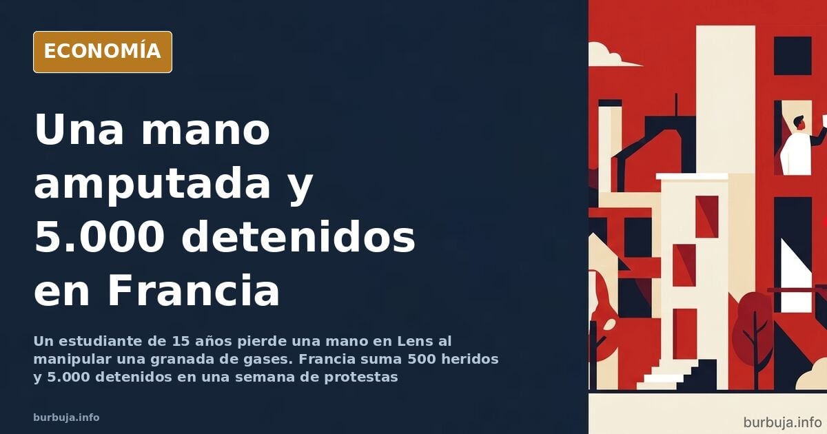 Ilustración editorial de un instituto francés bloqueado con estudiantes y policía en un contexto de protestas por la educació