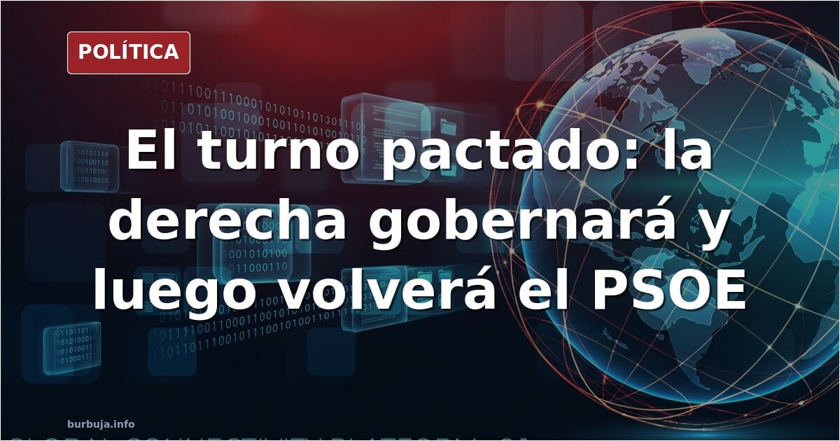 Ilustración editorial de un parlamento con dos bloques turnándose el poder y una caja de urnas en primer plano