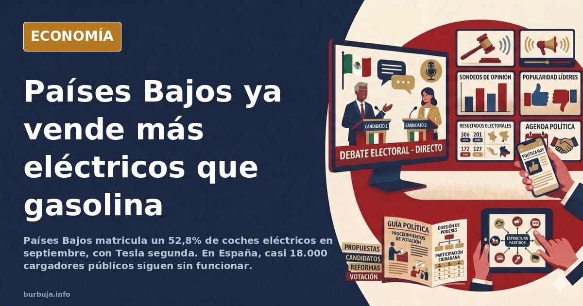 Ilustración editorial de coches eléctricos enchufados en una ciudad neerlandesa con puntos de recarga y contadores de ventas