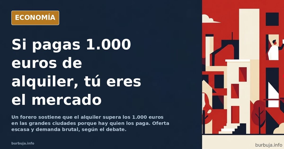 Ilustración editorial de un edificio de viviendas con carteles de alquiler y una multitud de personas mirando los precios