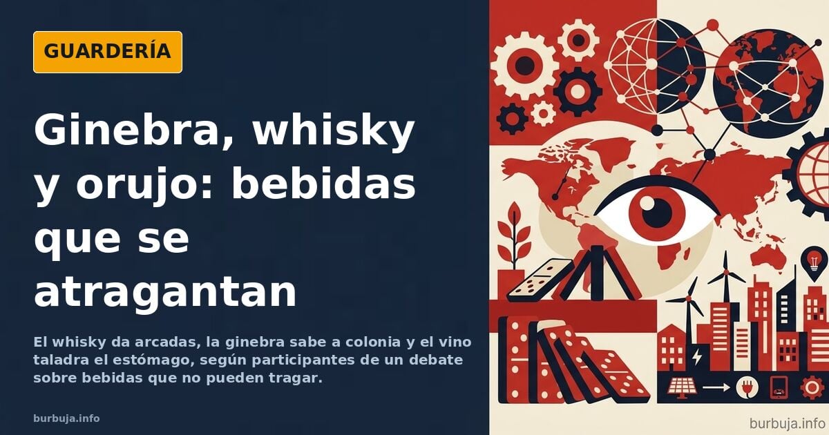 Ilustración de botellas de whisky, ginebra y brandy sobre una barra de bar con un vaso servido y expresión de rechazo