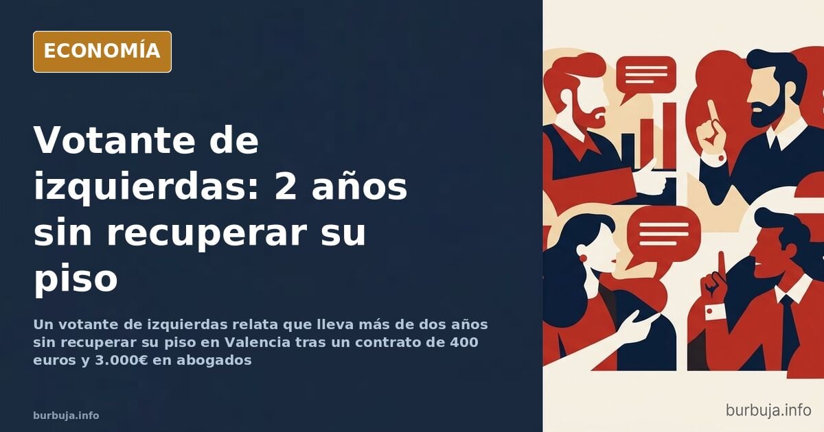 Ilustración editorial de un edificio de viviendas con una puerta cerrada y documentos judiciales sobre una mesa