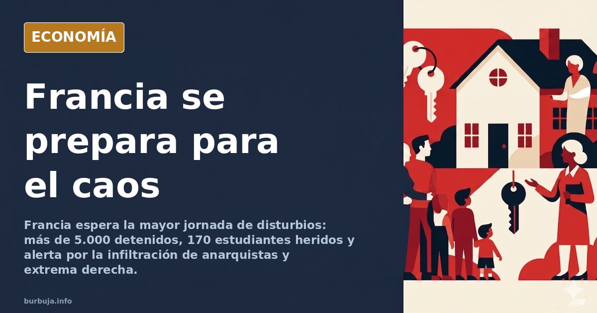 Ilustración editorial de una calle francesa con barricadas y humo, reflejando los disturbios en Francia y la protesta estudia