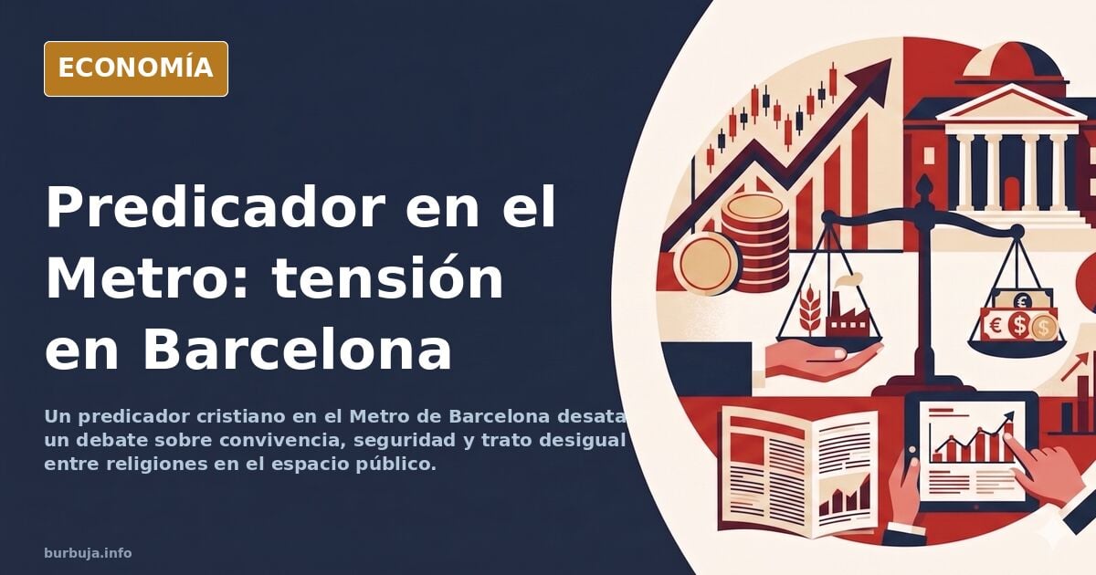 Ilustración editorial de un vagón de metro con un predicador y pasajeros enfrentados, en tonos azul marino y dorado