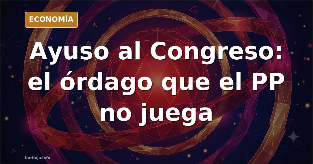 Ilustración editorial de una candidata política ante un mapa de España con Madrid destacado en dorado sobre fondo azul marino