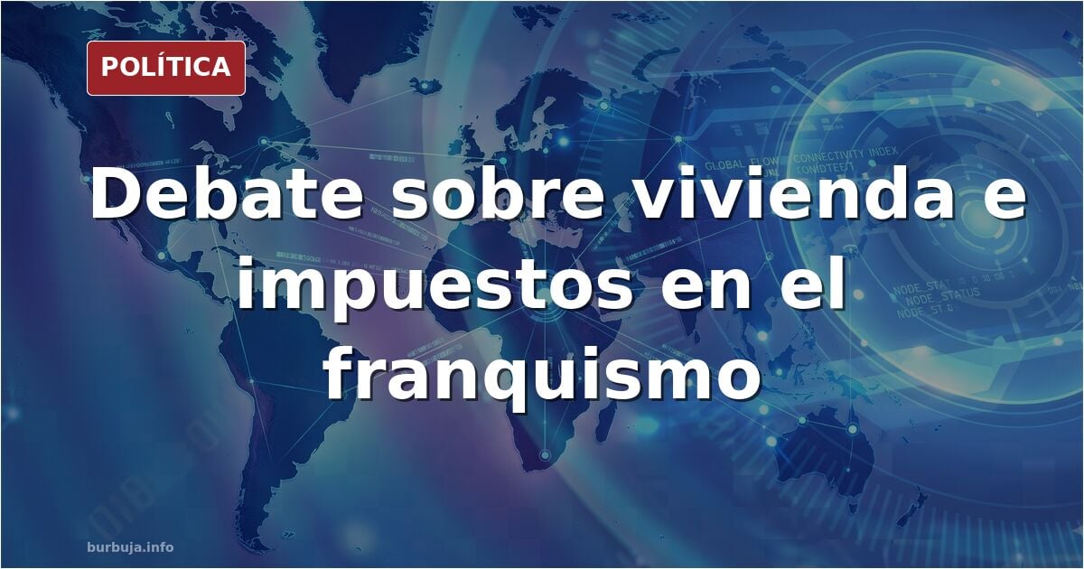 Ilustración editorial de un foro de debate con gráficos de vivienda e impuestos