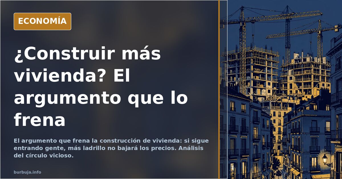 Gráfico editorial de viviendas apiladas con una flecha de precios al alza y siluetas de personas llegando