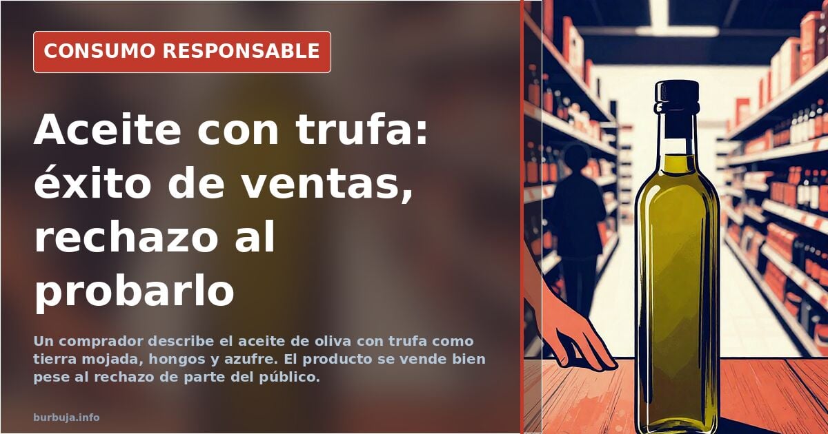 Aceite de oliva con trufa en una estantería de supermercado junto a una tostada untada