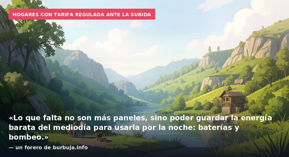 Hogares con tarifa regulada ante la subida: «Lo que falta no son más paneles, sino poder guardar la energía barata del mediodía para usarla por la noche: baterías y bombeo.» — un forero de burbuja.info