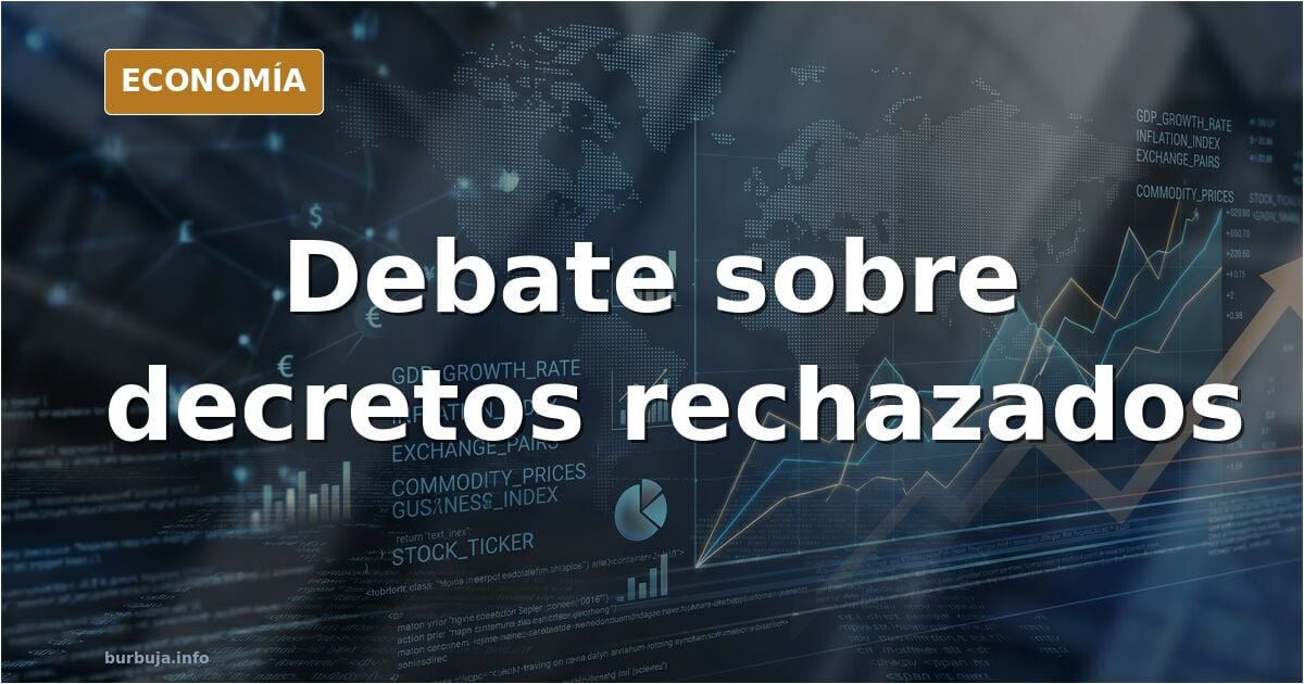 Ilustración editorial de un hemiciclo parlamentario vacío frente a un atril con un decreto firmado