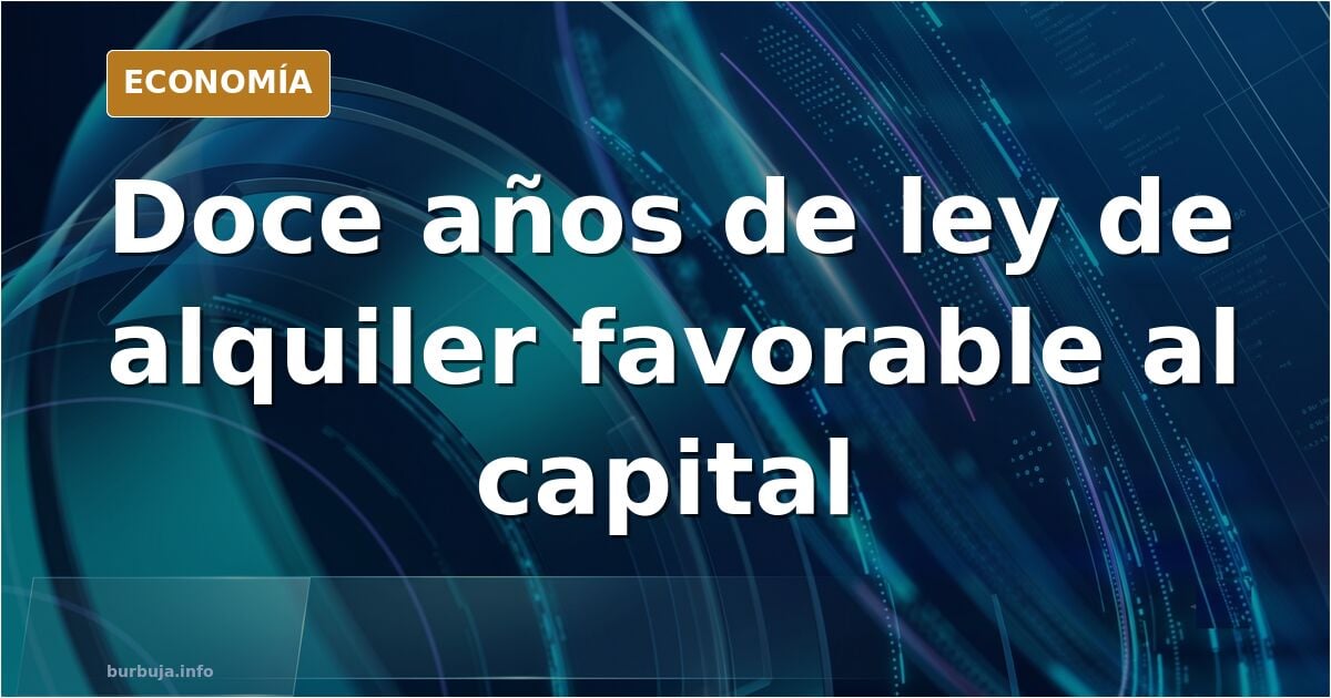 Ilustración editorial de un edificio de viviendas con contratos de alquiler y gráficos de precios en alza sobre fondo azul ma