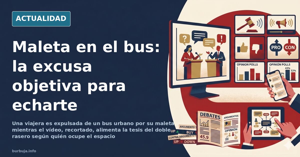 Pasajeros y chófer de un autobús urbano observando a una viajera con una maleta grande junto a la puerta