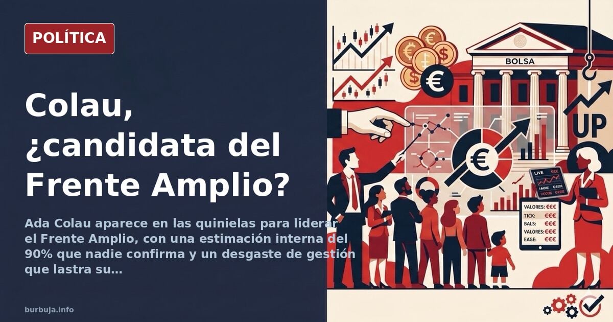 Ilustración editorial de Ada Colau ante un atril con papeletas y banderas, candidatura del Frente Amplio