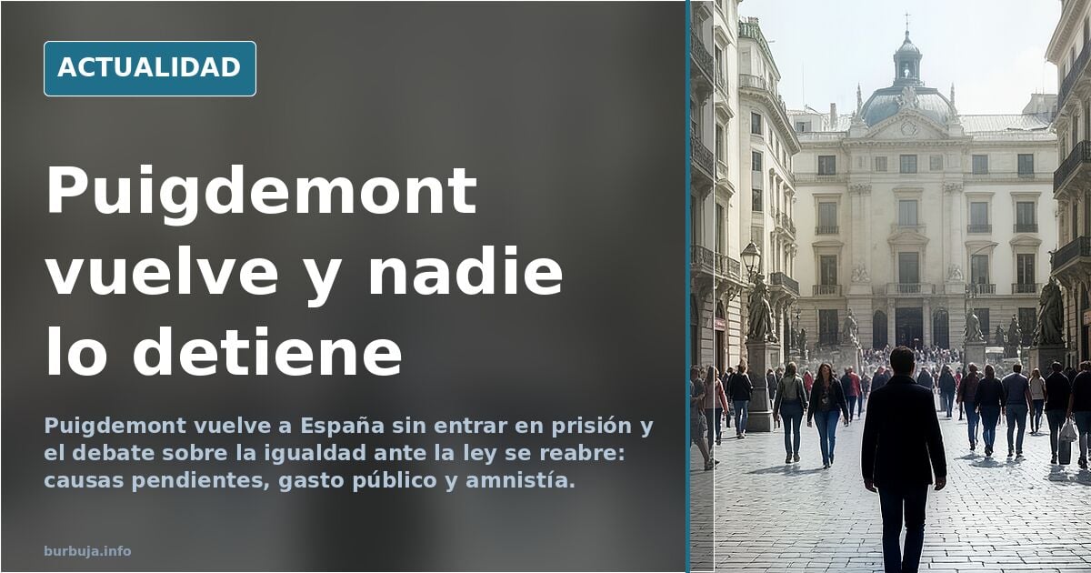Imagen editorial de un político llegando a España entre periodistas y coches oficiales, con la palabra Puigdemont en el ambie