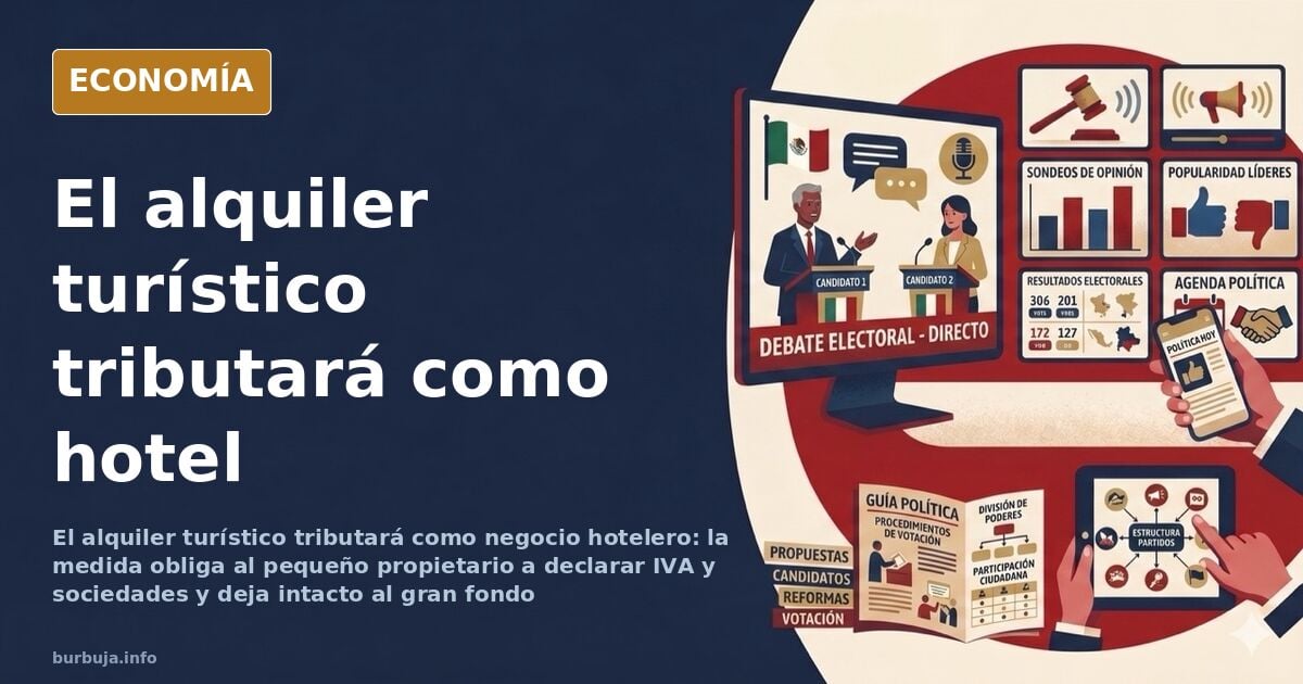 Ilustración editorial de un edificio de apartamentos turísticos con símbolo de euro y una balanza fiscal desequilibrada, en t