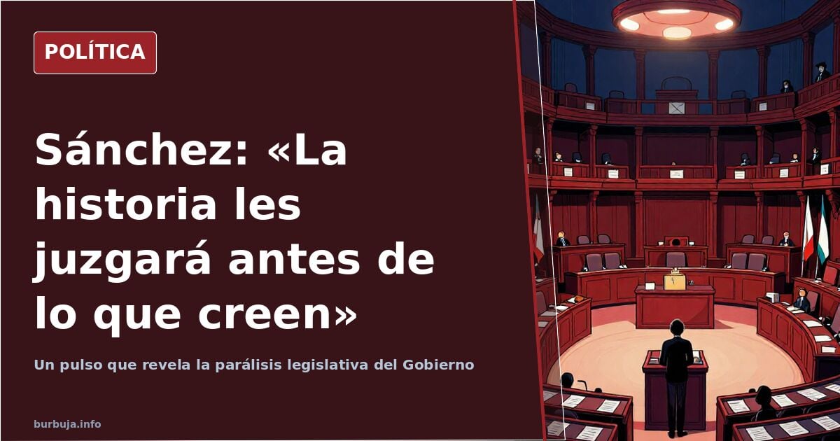 Ilustración editorial de Pedro Sánchez en un atril parlamentario con escaños vacíos y decretos caídos