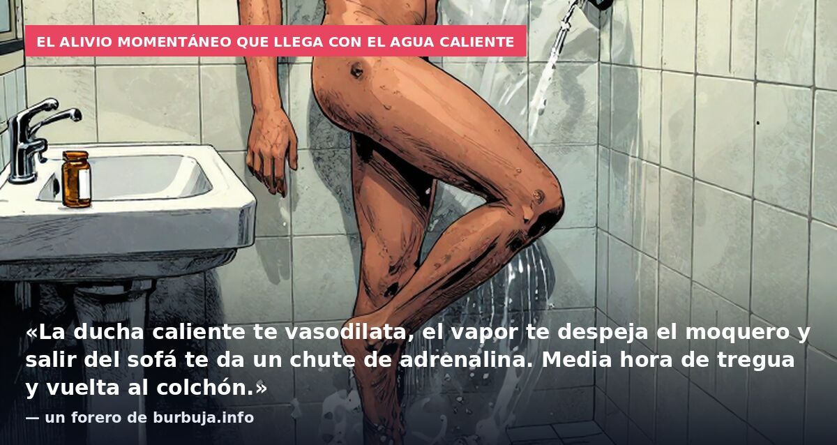 El alivio momentáneo que llega con el agua caliente: «La ducha caliente te vasodilata, el vapor te despeja el moquero y salir del sofá te da un chute de adrenalina. Media hora de tregua y vuelta al colchón.» — un forero de burbuja.info