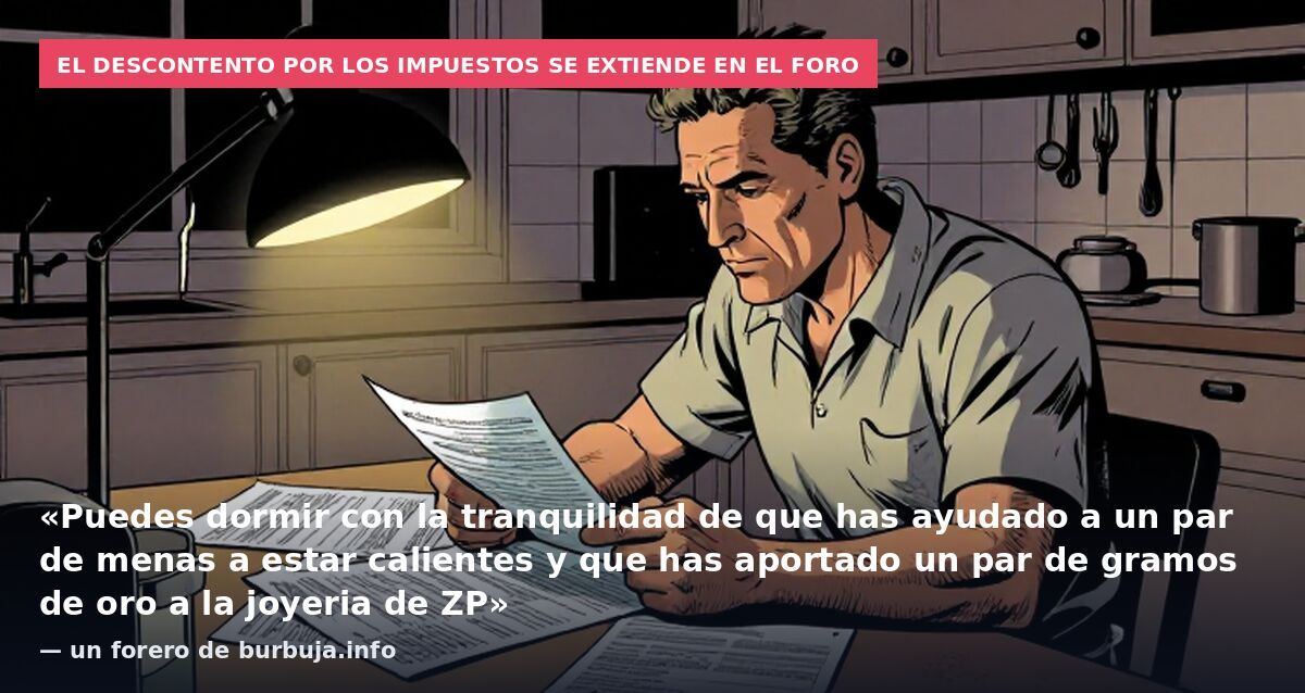 El descontento por los impuestos se extiende en el foro: «Puedes dormir con la tranquilidad de que has ayudado a un par de menas a estar calientes y que has aportado un par de gramos de oro a la joyeria de ZP» — un forero de burbuja.info