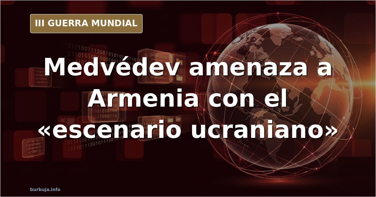 Silueta de un mapa del Cáucaso con Armenia y Rusia marcadas y humo de conflicto en el horizonte