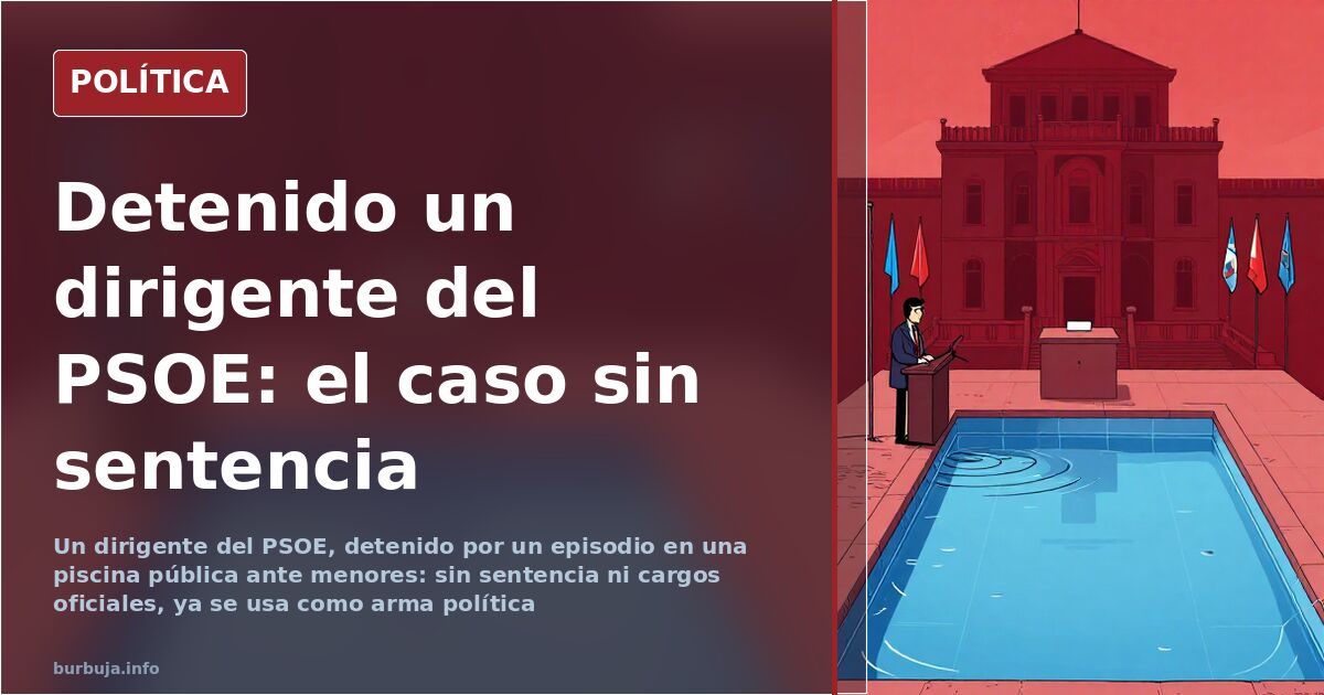 Piscina pública vacía con la silueta de un juzgado al fondo, ilustración sobre el dirigente del PSOE detenido