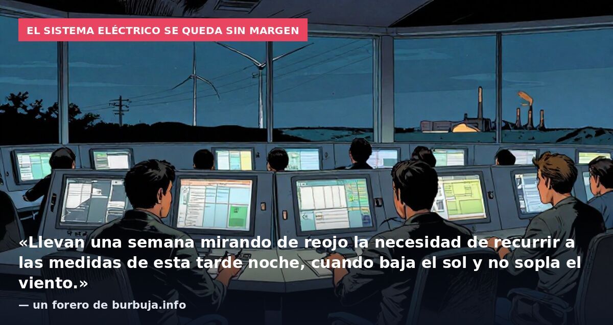 El sistema eléctrico se queda sin margen: «Llevan una semana mirando de reojo la necesidad de recurrir a las medidas de esta tarde noche, cuando baja el sol y no sopla el viento.» — un forero de burbuja.info