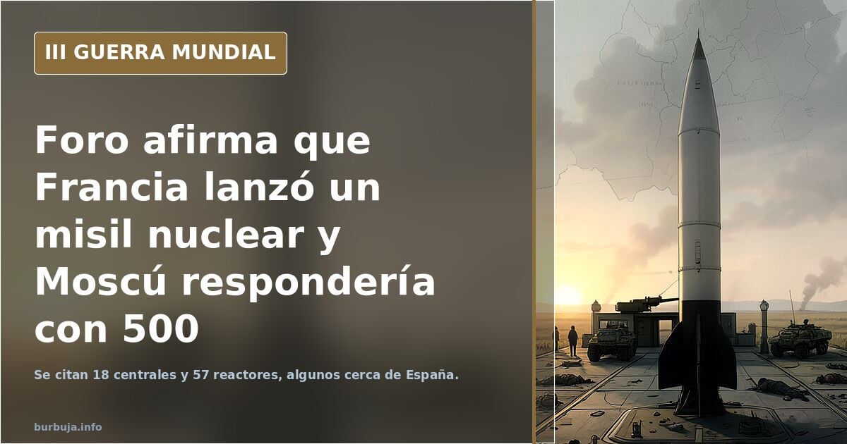 Ilustración de un misil balístico nuclear francés sobre un mapa de Europa con siluetas de equipamiento militar y humo lejano 