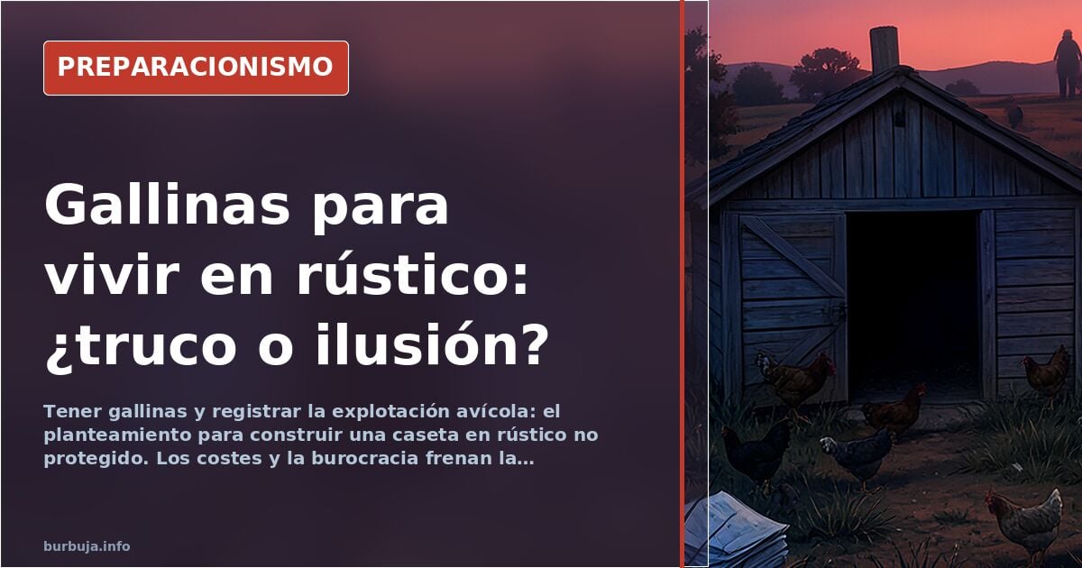 Gallinas en un corral de terreno rústico, con una caseta de madera al fondo y documentación sobre una mesa