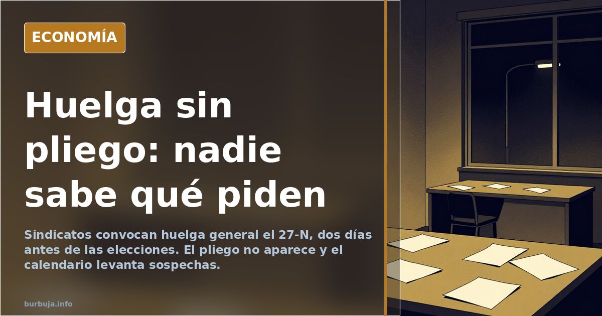 Ilustración editorial de una pancarta sindical vacía frente a un calendario electoral en tonos azul marino y dorado