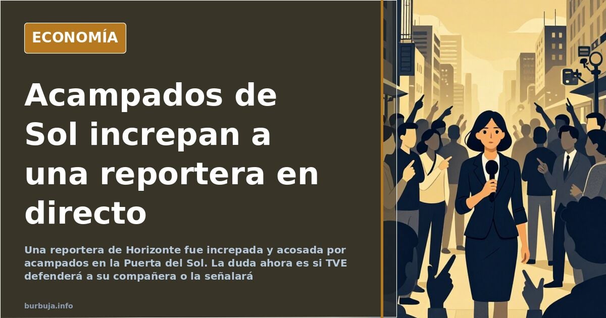 Ilustración editorial de una periodista con micrófono frente a una plaza ocupada por tiendas de campaña y un grupo de persona