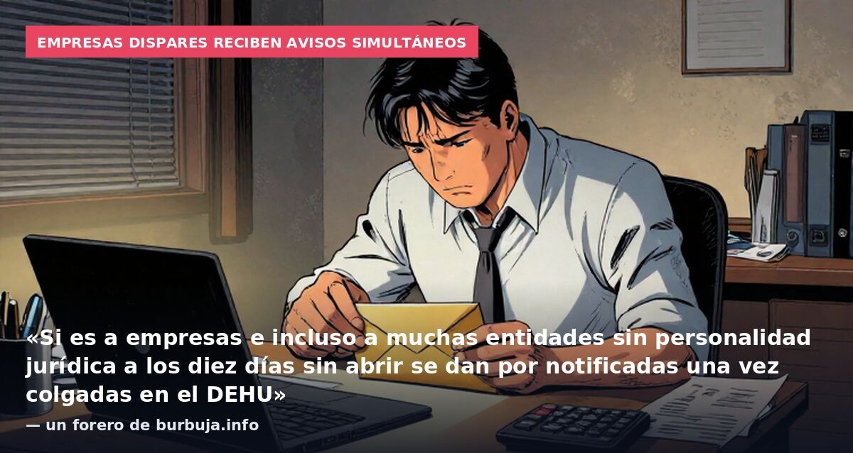 Empresas dispares reciben avisos simultáneos: «Si es a empresas e incluso a muchas entidades sin personalidad jurídica a los diez días sin abrir se dan por notificadas una vez colgadas en el DEHU» — un forero de burbuja.info