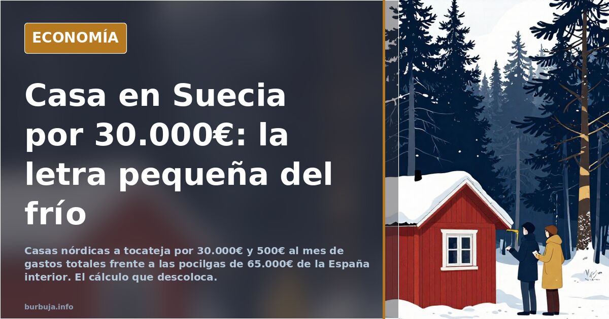 Ilustración editorial de una casa nórdica solitaria junto a un lago helado, símbolo de la vivienda barata en la Suecia rural