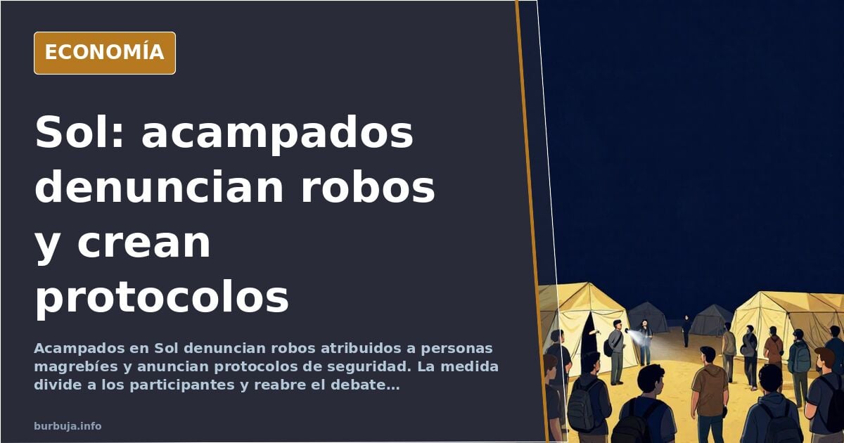 Ilustración editorial de una acampada urbana en la Puerta del Sol con tiendas de campaña y carteles de protocolos de segurida