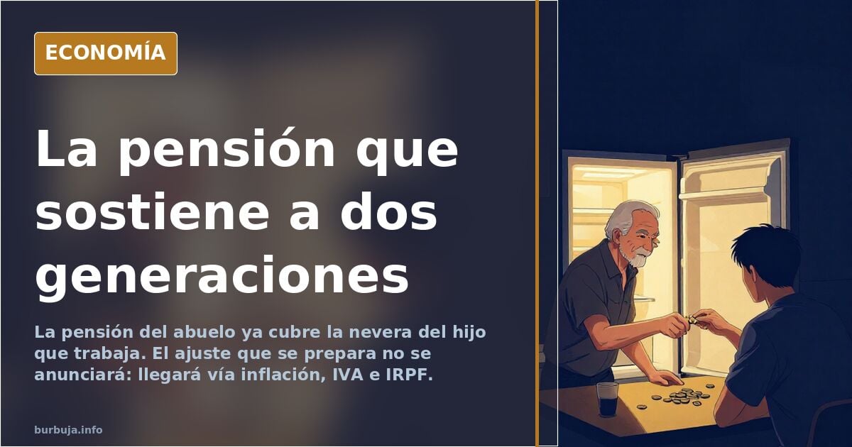 Ilustración editorial de una pensión que sostiene la compra familiar mientras el ajuste económico se cierne sobre el sistema 