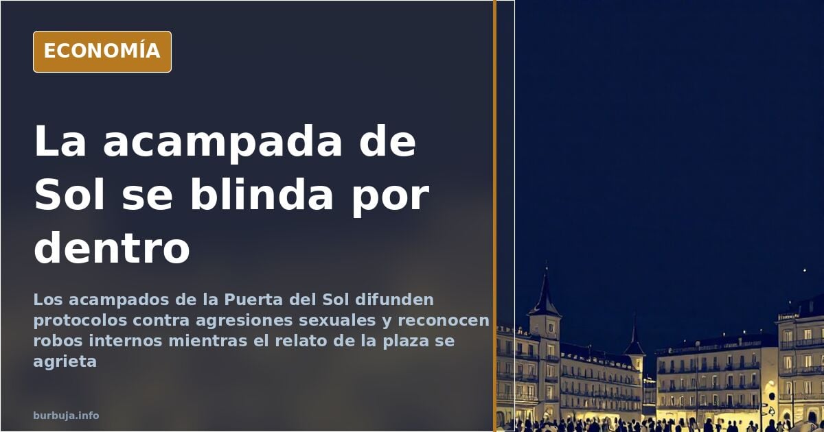 Tiendas de campaña en una plaza pública española durante una acampada por la vivienda, con carteles reivindicativos y pancart