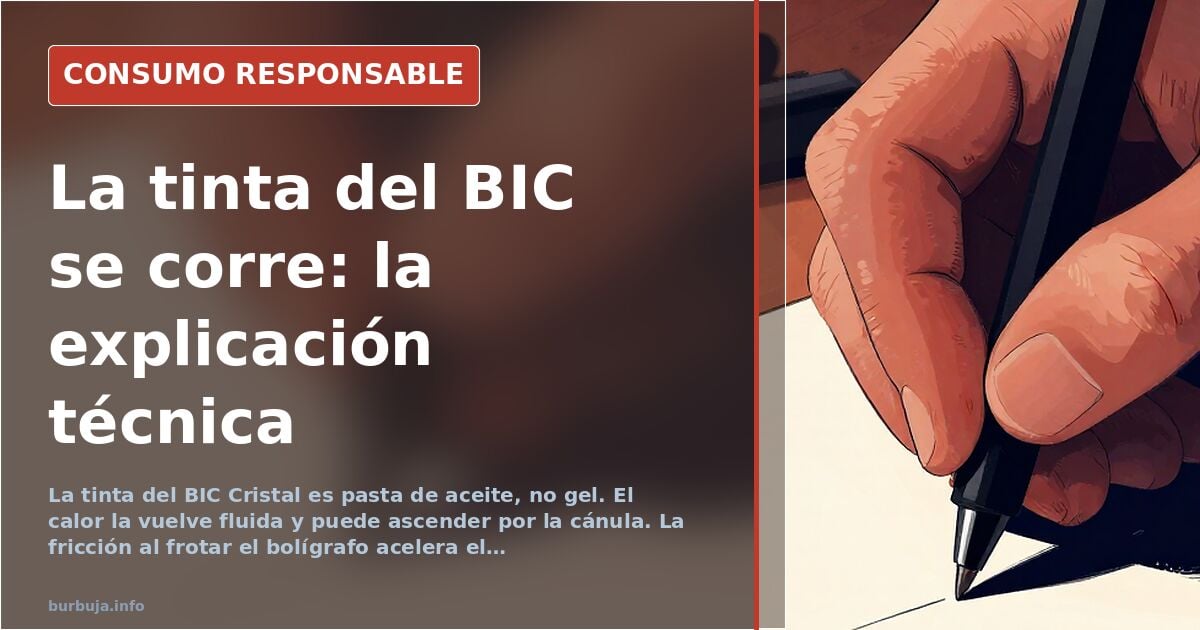 Primer plano de un bolígrafo BIC Cristal con tinta azul manchando la cánula superior y la bolita inferior