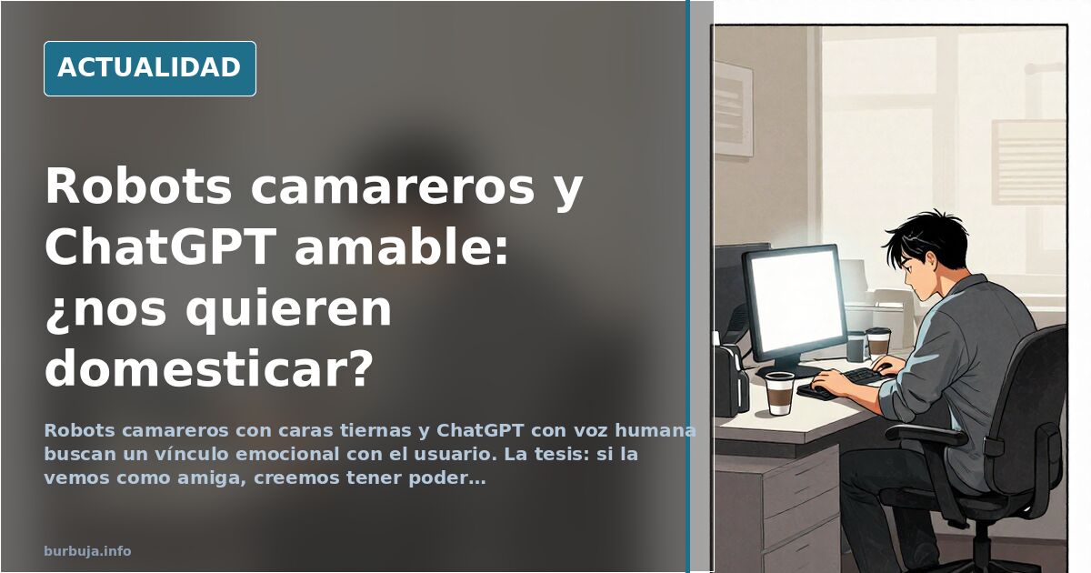 Robot camarero con cara tierna sirviendo una mesa en un restaurante moderno, junto a una pantalla con interfaz de chat de int