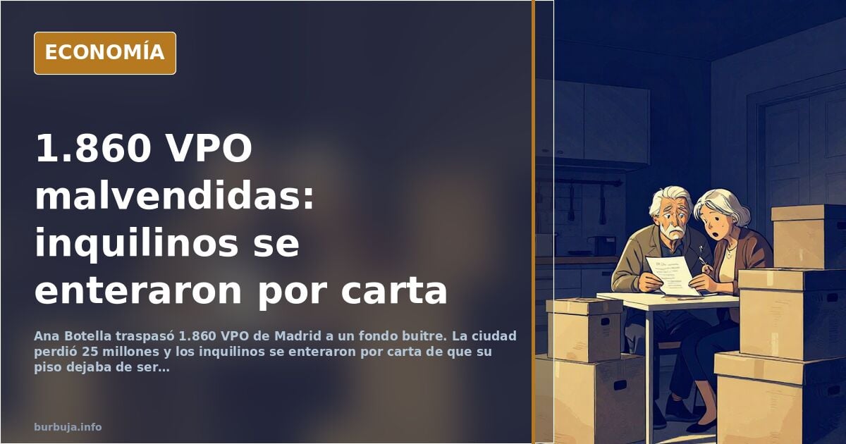 Ilustración editorial de edificios de vivienda pública en Madrid con contratos y cartas de desalojo sobre una mesa