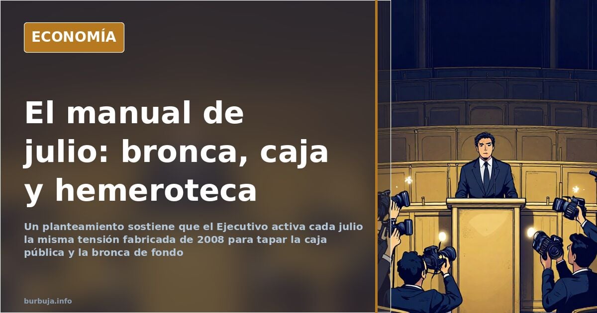 Ilustración editorial de un atril vacío en un hemiciclo desierto con un reloj de pared marcando julio y una caja fuerte entre