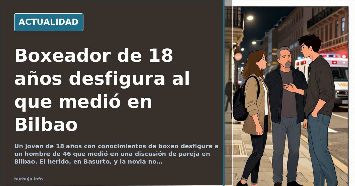 Ilustración editorial de una calle urbana de Bilbao con dos figuras masculinas enfrentadas y una mujer observando la escena d