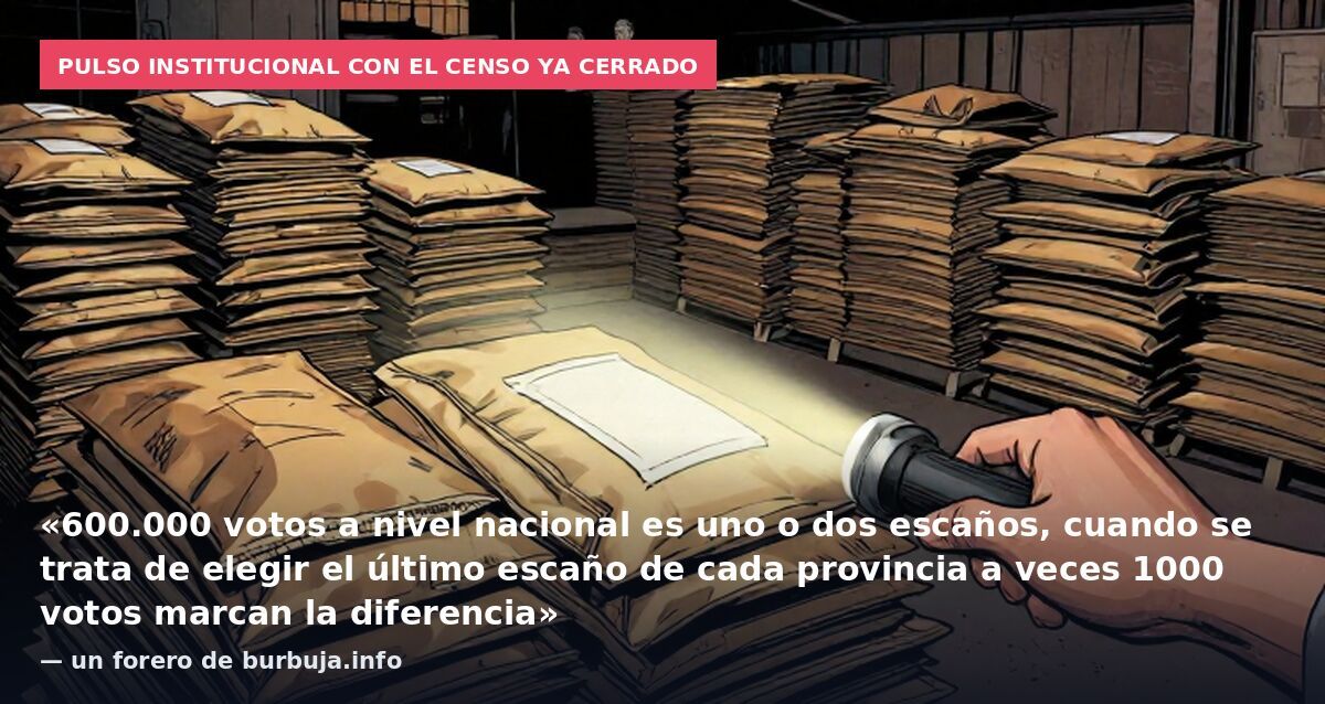 Pulso institucional con el censo ya cerrado: «600.000 votos a nivel nacional es uno o dos escaños, cuando se trata de elegir el último escaño de cada provincia a veces 1000 votos marcan la diferencia» — un forero de burbuja.info