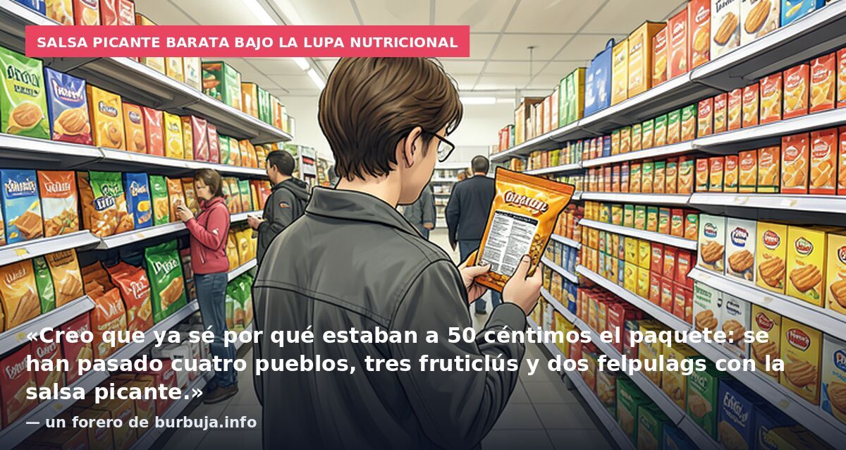 Salsa picante barata bajo la lupa nutricional: «Creo que ya sé por qué estaban a 50 céntimos el paquete: se han pasado cuatro pueblos, tres fruticlús y dos felpulags con la salsa picante.» — un forero de burbuja.info