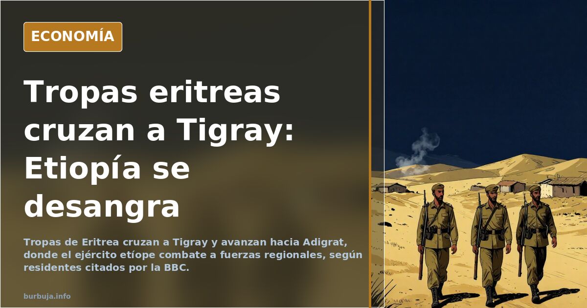 Ilustración editorial de tropas cruzando una frontera africana hacia una ciudad etíope en conflicto