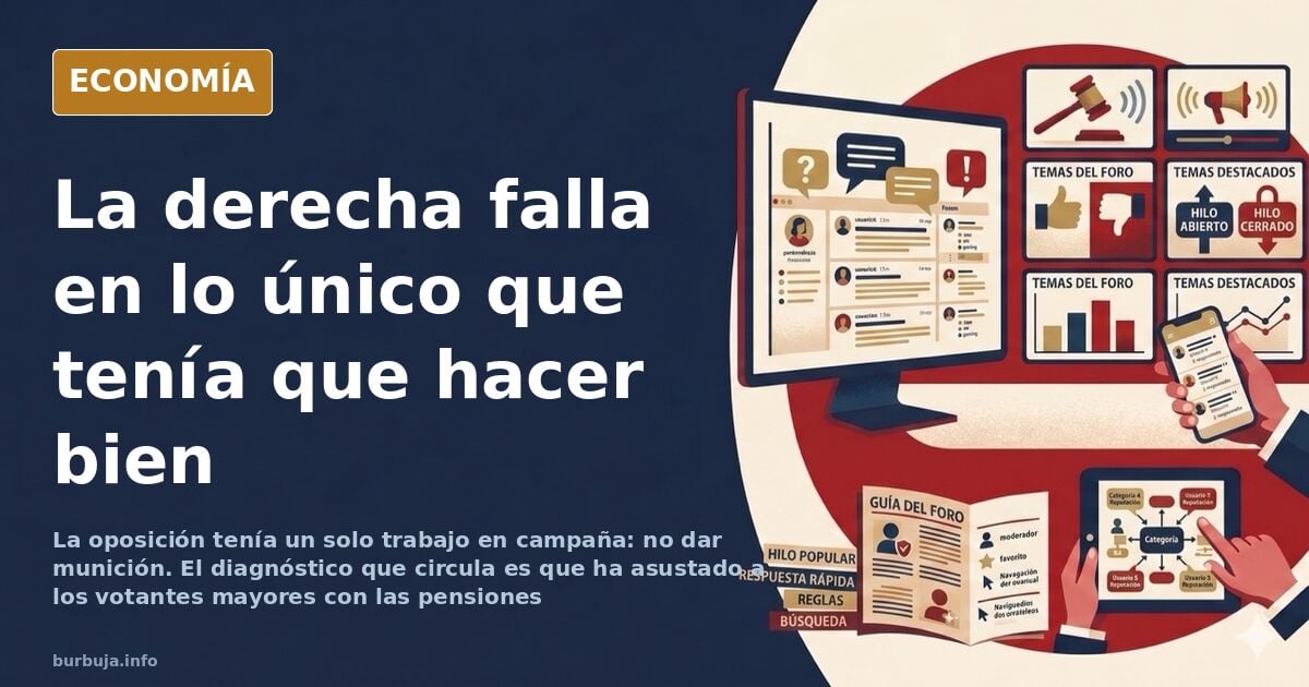 Ilustración editorial de un atril de campaña electoral vacío con gráficos de pensiones descendentes en azul marino y dorado