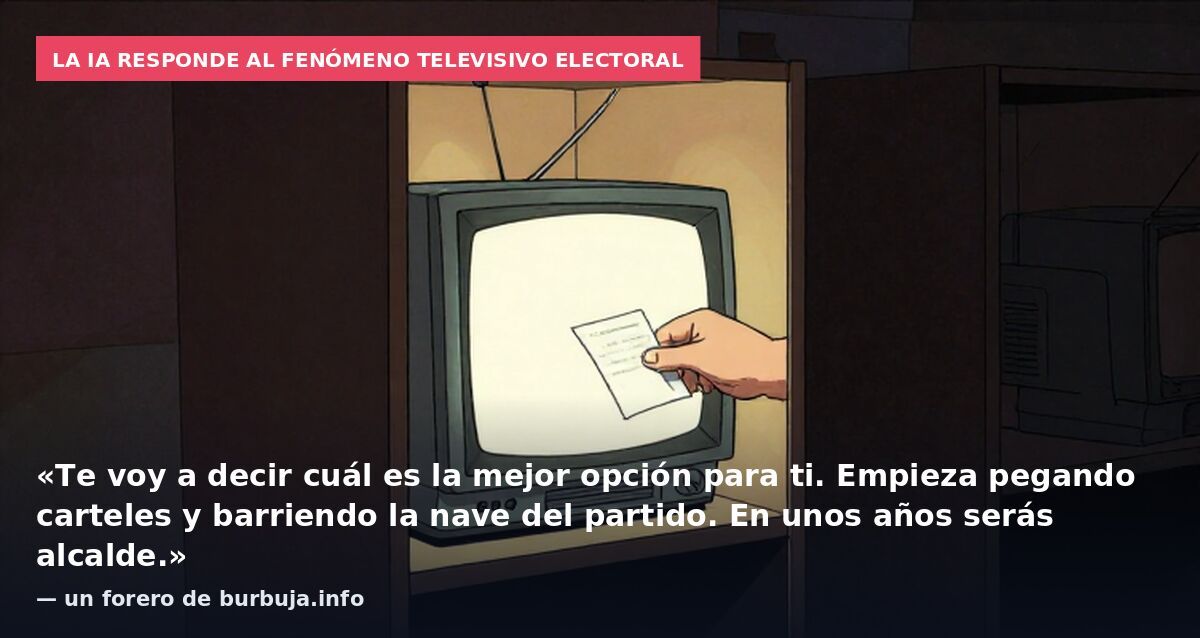 La IA responde al fenómeno televisivo electoral: «Te voy a decir cuál es la mejor opción para ti. Empieza pegando carteles y barriendo la nave del partido. En unos años serás alcalde.» — un forero de burbuja.info