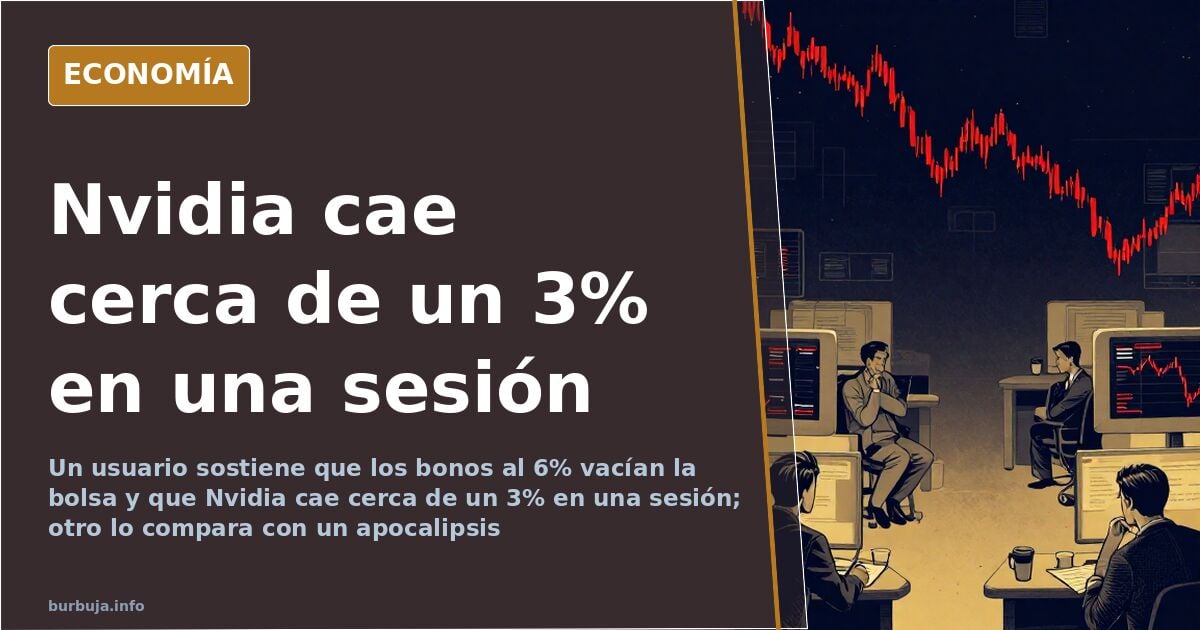 Gráfico bursátil con flecha descendente sobre fondo azul marino y detalles dorados, simbolizando la caída de Nvidia y la fuga