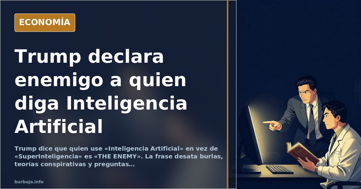 Ilustración editorial de Donald Trump señalando una pantalla con las palabras Superinteligencia frente a Inteligencia Artific