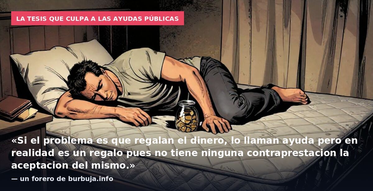 La tesis que culpa a las ayudas públicas: «Si el problema es que regalan el dinero, lo llaman ayuda pero en realidad es un regalo pues no tiene ninguna contraprestacion la aceptacion del mismo.» — un forero de burbuja.info