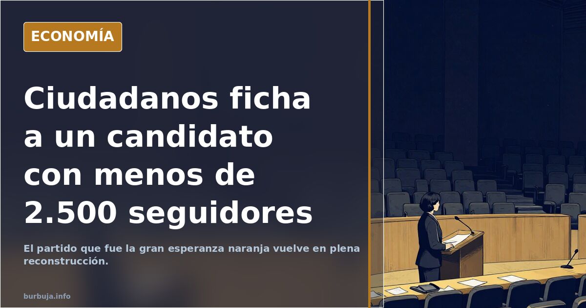 Ilustración editorial de un candidato político de Ciudadanos con escaso respaldo digital mirando un gráfico de seguidores