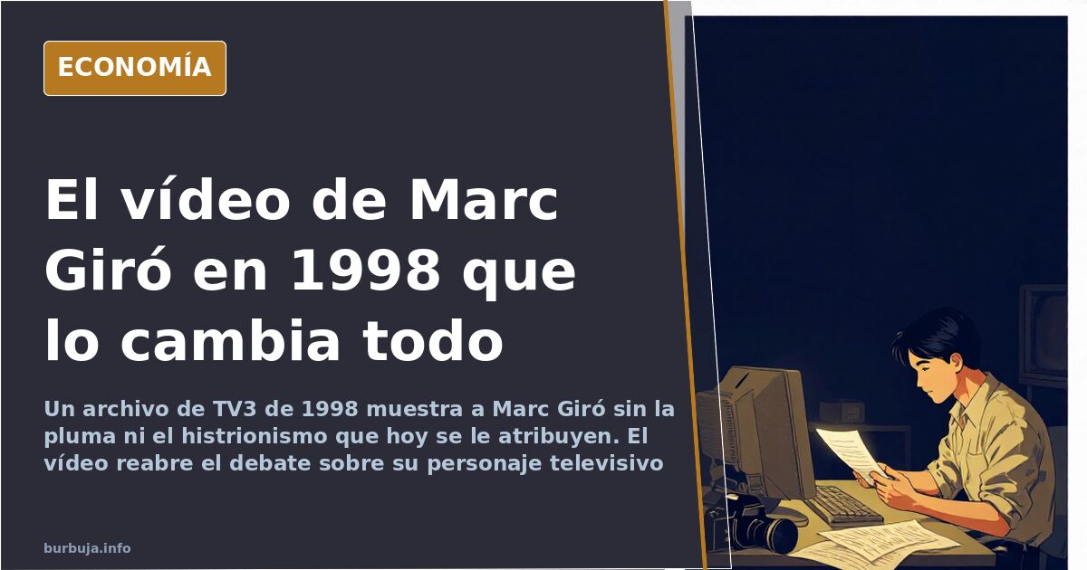 Fotograma de archivo de televisión con un joven colaborador en un plató de los años noventa, imagen en tonos azul marino y do